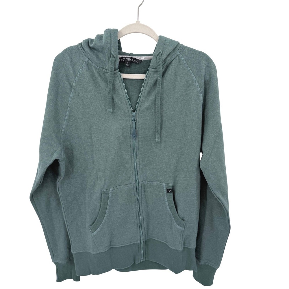 Pact Organic Mens‎ Sage Green Heather Full Zip Hoodie Sweatshirt Small Raglan